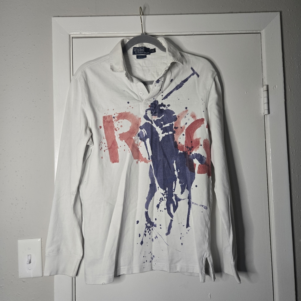 Polo by Ralph Lauren Men's White Shirt with Blue and Red Design